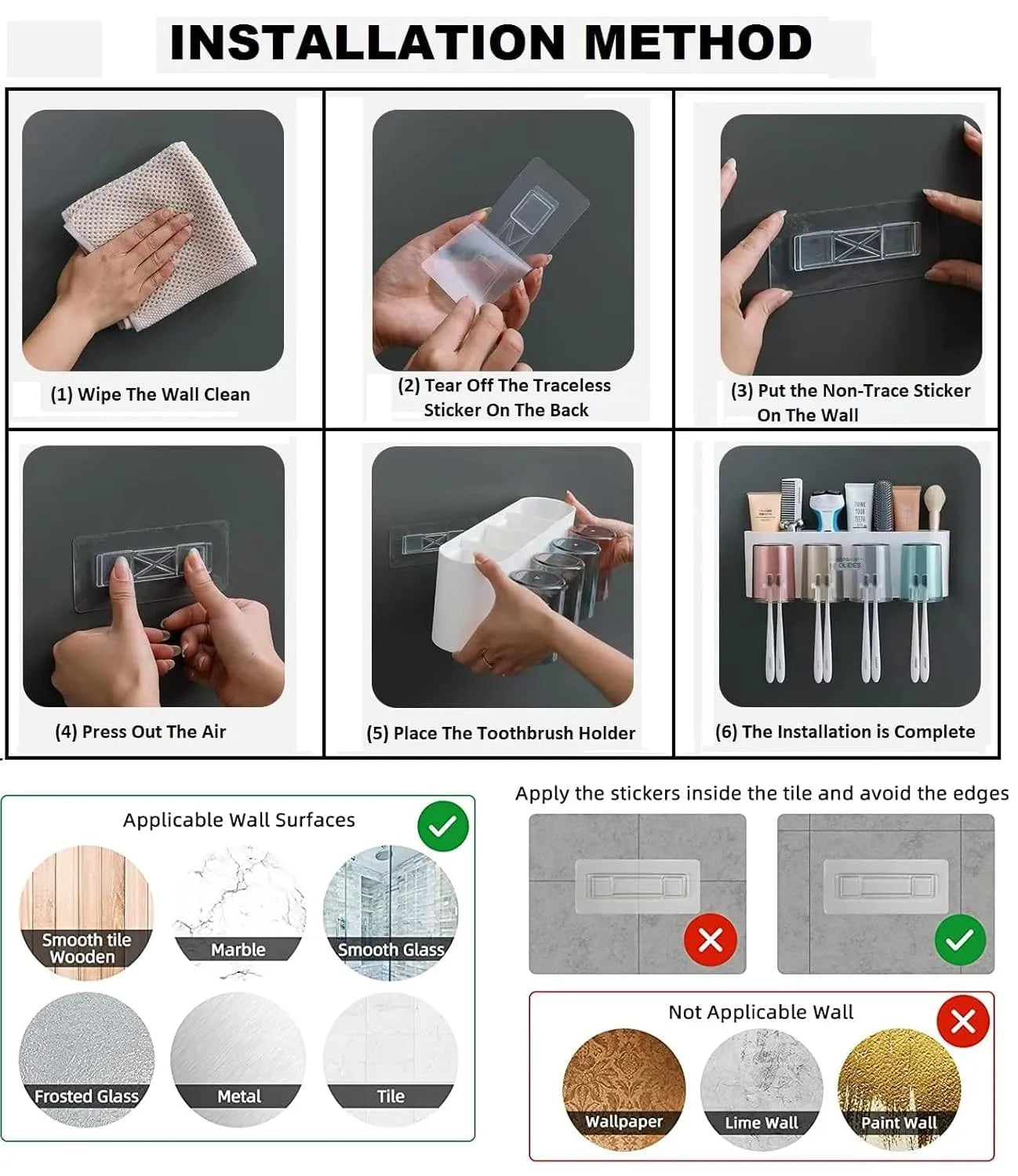 Step-by-step guide on installing a toothbrush holder with images and text.