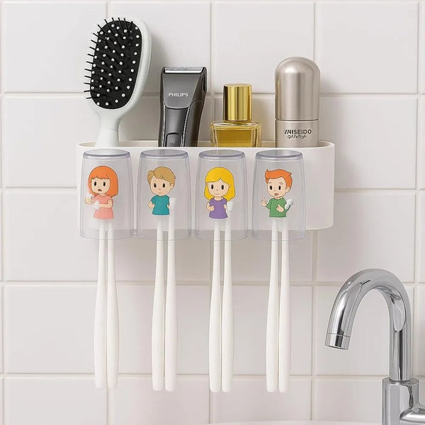 Toothbrush Holder with Adhesive, No-Drill Multi-Slot Organizer for Bathroom – Holds Toothbrushes, Toothpaste, Razor & Cup | Modern Plastic Storage Rack