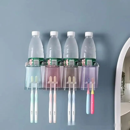 Toothbrush Holder with Adhesive, No-Drill Multi-Slot Organizer for Bathroom – Holds Toothbrushes, Toothpaste, Razor & Cup | Modern Plastic Storage Rack
