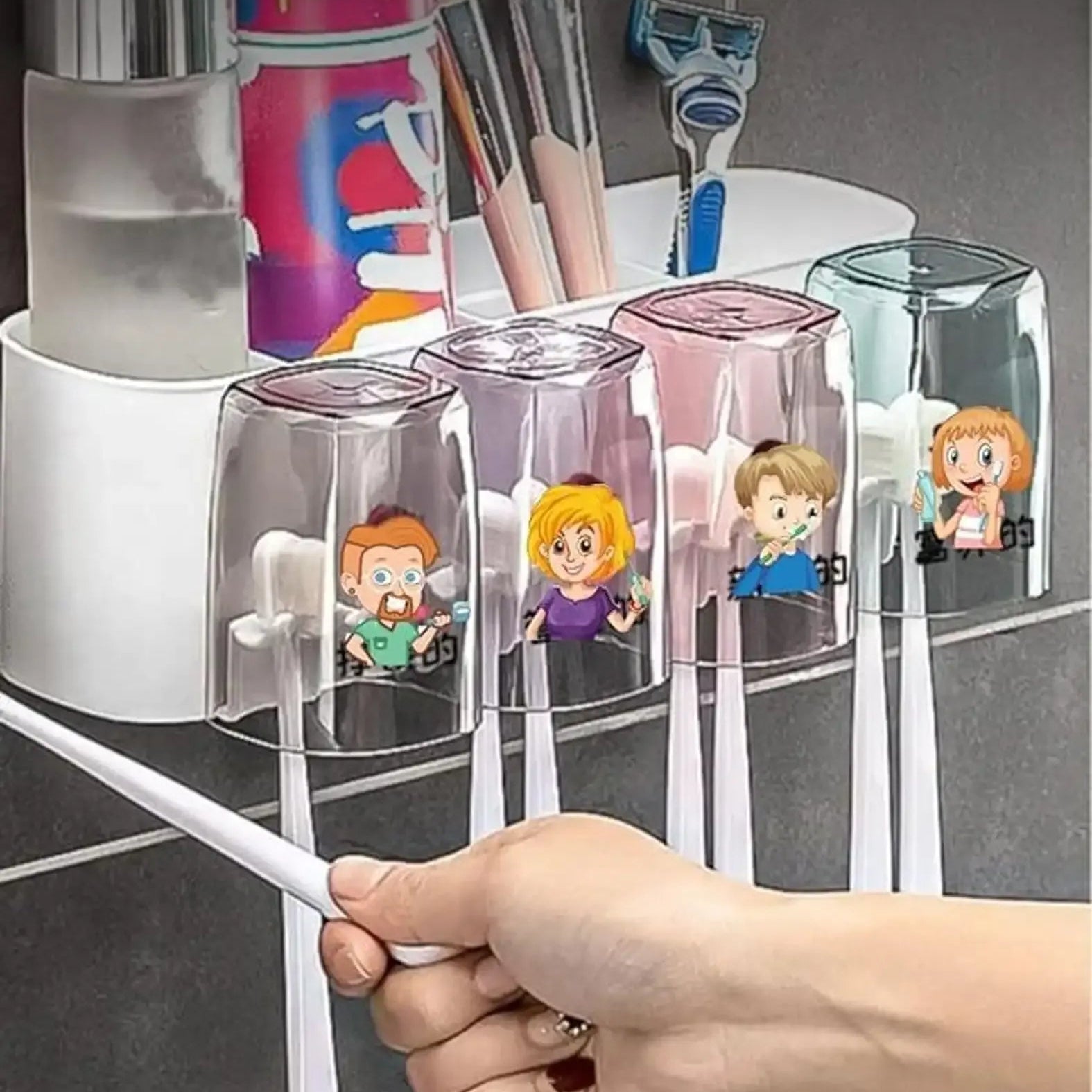 Clear plastic stand with cartoon characters holding a white cable, against a dark background with makeup items.
