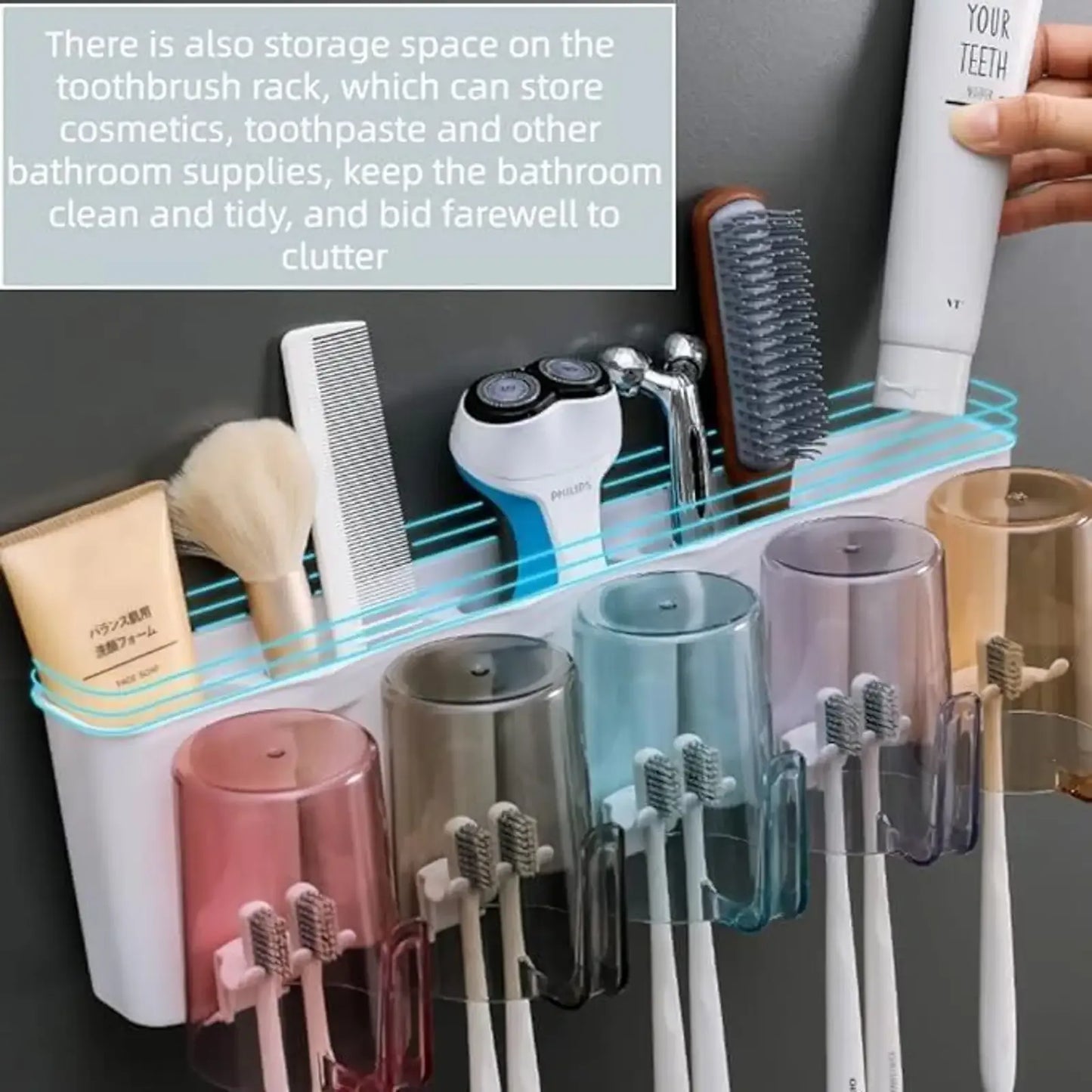 Toothbrush Holder with Adhesive, No-Drill Multi-Slot Organizer for Bathroom – Holds Toothbrushes, Toothpaste, Razor & Cup | Modern Plastic Storage Rack