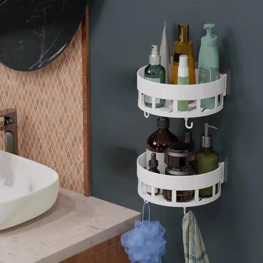 Diamond Shape Plastic Bathroom Corner Shelf Organizer Stand Wall Mounted Bathroom Accessories with Hooks Plastic Wall Shelf (White) (Round Corner Shelf, Pack of 1)