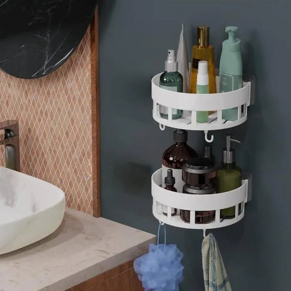 Diamond Shape Plastic Bathroom Corner Shelf Organizer Stand Wall Mounted Bathroom Accessories with Hooks Plastic Wall Shelf (White) (Round Corner Shelf, Pack of 1)