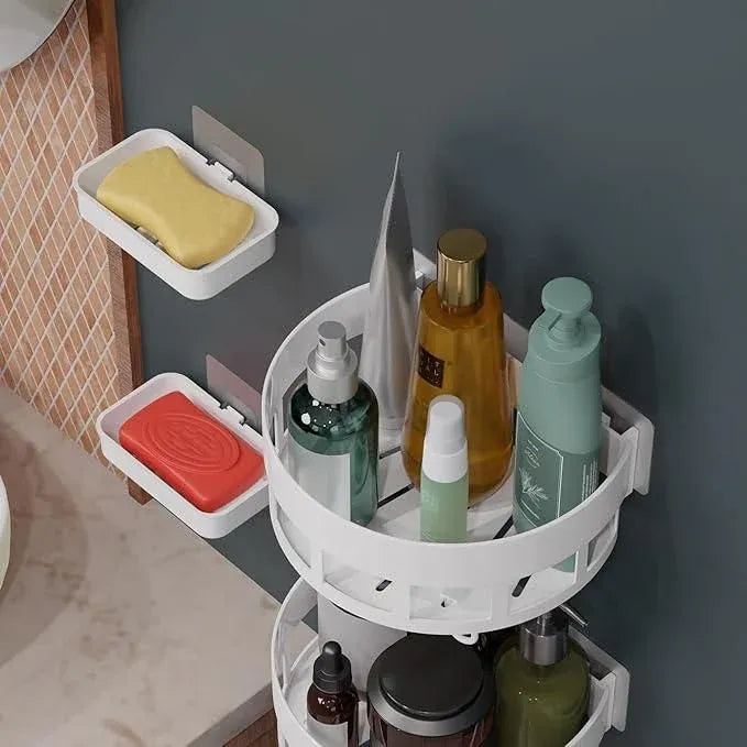 Diamond Shape Plastic Bathroom Corner Shelf Organizer Stand Wall Mounted Bathroom Accessories with Hooks Plastic Wall Shelf (White) (Round Corner Shelf, Pack of 1)
