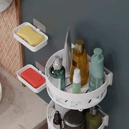 Diamond Shape Plastic Bathroom Corner Shelf Organizer Stand Wall Mounted Bathroom Accessories with Hooks Plastic Wall Shelf (White) (Round Corner Shelf, Pack of 1)